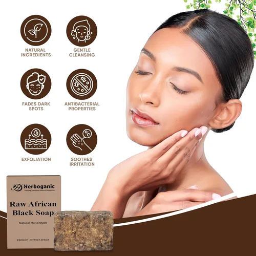 Vista 2 de HERBOGANIC Barra de jabón negro africano crudo Paquete de 1,16 oz 100% natural puro Producto de Ghana. El jabón negro es ideal para acné, eczema