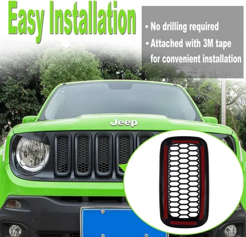 Vista 5 de YMT - 7 piezas de rejilla frontal de malla negra para Jeep Renegade 2015 2016 2017 2018