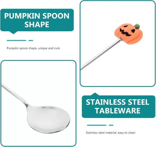 Vista 5 de UPKOCH Juego de 6 cucharas de calabaza de Halloween con forma de calabaza de acero inoxidable para café y postre de 4.9 pulgadas, utensilios