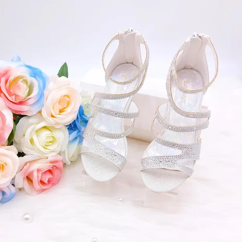 Vista 3 de Zapatos de tacón alto para niñas, zapatos de vestir para fiesta de boda, sandalias de tacón alto para niñas pequeñas y grandes