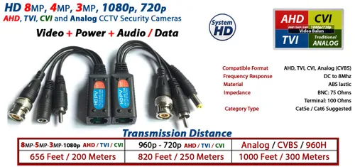 Vista 3 de Evertech 8 megapíxeles HD-CVI/TVI/AHD/CVBS Passive Video Audio Power Balun Cat5 Cat6 Transmisor de datos vía cable UTP - 4 pares