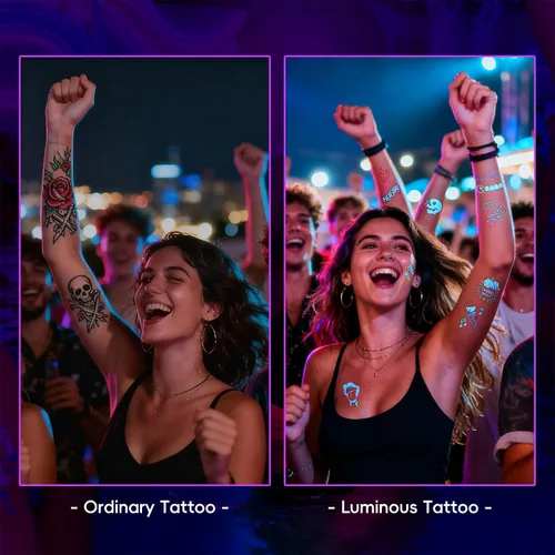 Vista 5 de 56 diseños que brillan en la oscuridad tatuajes (10 hojas) – Tatuajes temporales luminiscentes azules, suministros de fiesta brillantes para fiestas