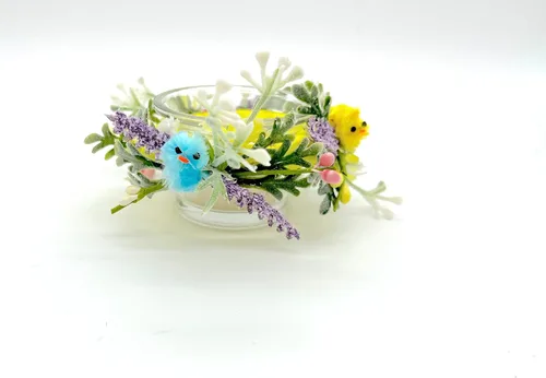 Vista 3 de Easter Floral and Yellow, Pink and Blue Chicks Candle Holder for Easter and Spring Table Decorations on Glass Candle Holder Glass Base - Set of 2