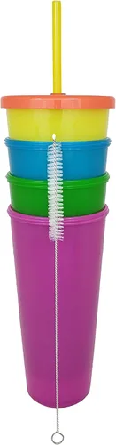 Vista 3 de Juego de 4 vasos de plástico reutilizables de 24 onzas con tapas de rosca y popotes