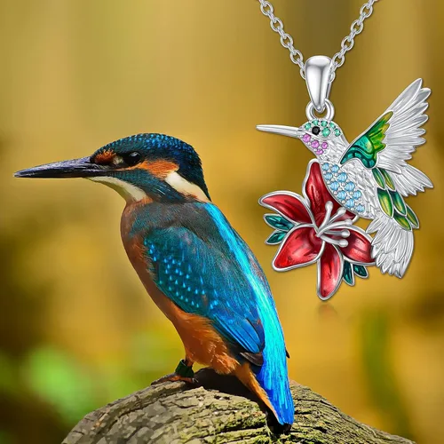 Vista 2 de PEIMKO Collar de colibrí esmaltado con dije de colibrí, collar de plata de ley, lindo collar de pájaro anímico con colgante de pájaro de flor