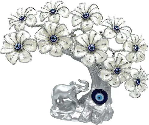 Vista 8 de Betterdecor - Adorno azul de ojo turco turco Nazar Lucky Forutne árbol bonsái con elefante, decoración para el hogar y la oficina (plateado-azul)