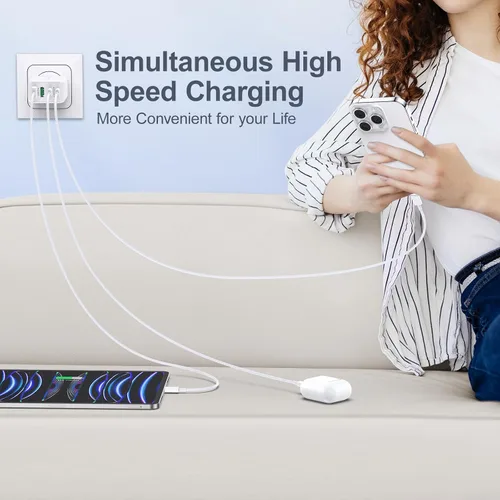 Vista 6 de Cargador de pared USB C, bloque de cargador USB C de 40 W, 4 puertos, bloque de carga rápida, adaptador de alimentación PD+QC tipo C para iPhone