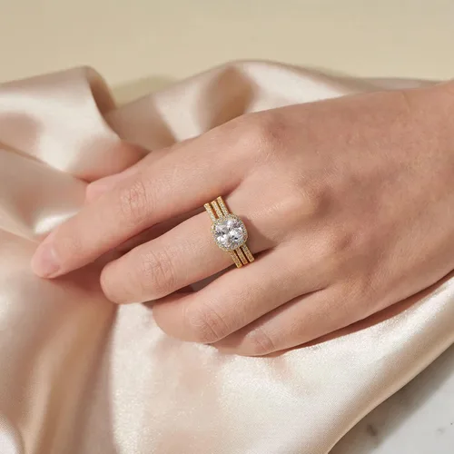Vista 3 de Juego de anillos de compromiso de boda de 2.66 quilates para mujer, de plata de ley 925, con forma de halo de circonita, anillos de boda para ella