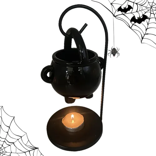Vista 5 de Quemador de aceite de caldero colgante, adornos para quemador de cera de Halloween, calentador de cera negra, difusor de aroma con asa