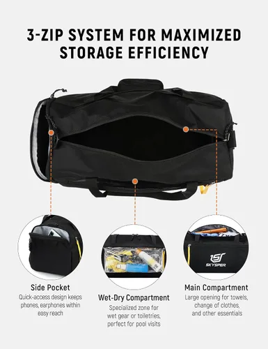 Vista 3 de SKYSPER Bolsa deportiva pequeña de 30L con bolsillo húmedo para deportes, viajes, fitness y entrenamiento para hombres y mujeres (negro)