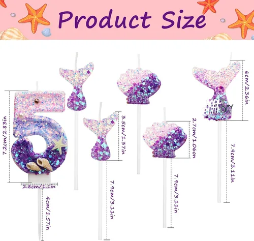 Vista 2 de 6 velas de cumpleaños de 2.5 pulgadas con temática de sirena para decoración de pastel de cumpleaños, 1 número 5, 3 colas de sirena, 2 conchas
