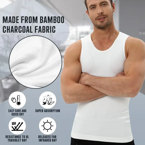 Vista 4 de PODFAN Camisa de compresión para hombre de ginecomastia, camiseta sin mangas adelgazante, chaleco moldeador de cuerpo para hombre, camisetas