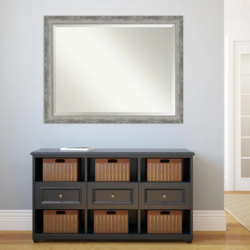 Vista 6 de Amanti Art Espejo de pared plateado de 35 x 45 pulgadas, con línea de onda, angosto, rectangular, para decoración de pared, sala de estar, marco
