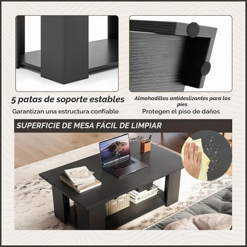 Vista 7 de Tangkula Mesa auxiliar de 2 niveles, moderna mesa de cóctel rectangular con 5 patas de soporte, muebles de sala de estar con acento de madera, mesa