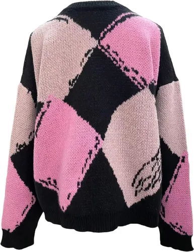 Vista 4 de Suéter de gran tamaño con cuello en V para mujer, moda de otoño, manga larga, abombada, liso, suéter de punto trenzado