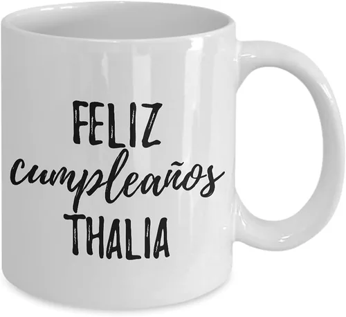 Vista 2 de Feliz Cumpleanos Thalia Mug Spanish Happy Birthday Personalized Name Gift Coffee Tea Cup 11 oz