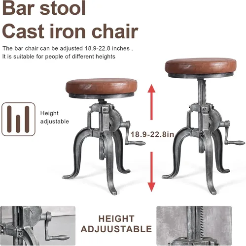 Vista 5 de Topower Taburete de manivela industrial antiguo de hierro fundido Silla de tres patas Taburete de bar de cuero PU