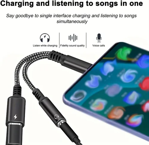 Vista 3 de SHERAF Adaptador USB C a auriculares y cargador de 0.1 in, USB C 2 en 1 a conector de audio auxiliar con cable PD de carga rápida para iPhone 15/15