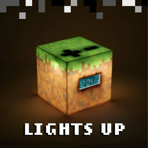 Vista 3 de Paladone Reloj despertador digital con licencia de Minecraft Grass Block, lámpara de luz que reproduce música oficial en juegos, decoración