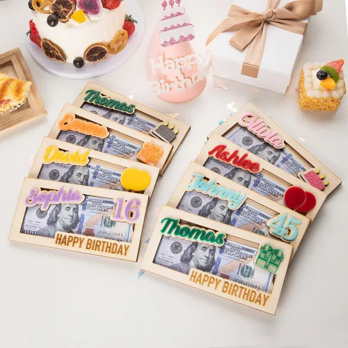 Vista 2 de Sobre de madera personalizado para dinero de cumpleaños, con nombre personalizado, sobre de efectivo, cartera de dinero, sobre de feliz cumpleaños