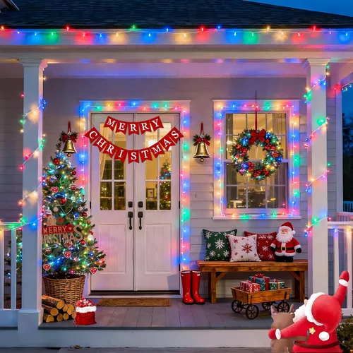 Vista 4 de JMEXSUSS Luces de Navidad multicolor que funcionan con pilas con 8 modos de control remoto, impermeables, 33 pies, 100 luces LED de Navidad