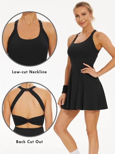 Vista 5 de Vestido de tenis con brasier y pantalones cortos incorporados, sin espalda, con bolsillo lateral trenzado, 2 en 1, vestido de baile de ballet