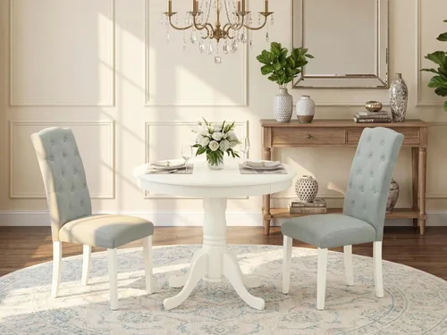 Vista 2 de East West Furniture ANCE3-LWH-15 - Juego de mesa de comedor moderno de 3 piezas que contiene una mesa de cocina redonda con pedestal y 2 sillas