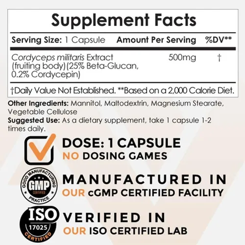 Vista 3 de Nootropics Depot Cordyceps - Cápsulas de hongos 500 mg 60 unidades Cordyceps militaris Extracto de hongos fructíferos para todo el cuerpo