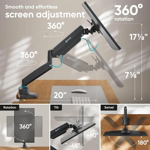 Vista 3 de ONKRON Soporte de escritorio con brazo de monitor único para monitores de 13" a 32" de hasta 17 libras - Brazo de monitor de resorte de gas