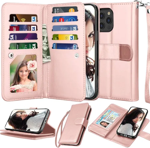 Vista 8 de NJJEX - Funda tipo cartera para iPhone 12 Pro Max, 9 ranuras para tarjetas, color negro Cuero sintético, soporte para tarjeta de crédito