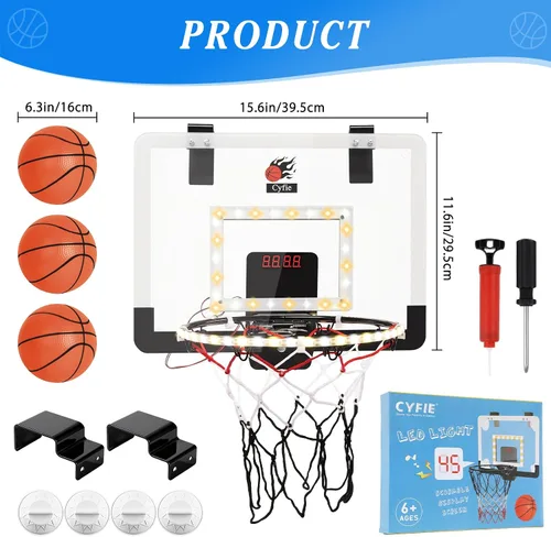 Vista 2 de CYFIE Mini aro de baloncesto para interiores para niños con luz LED, ventosa/aro de baloncesto sobre la puerta con marcador y 3 bolas, juguetes