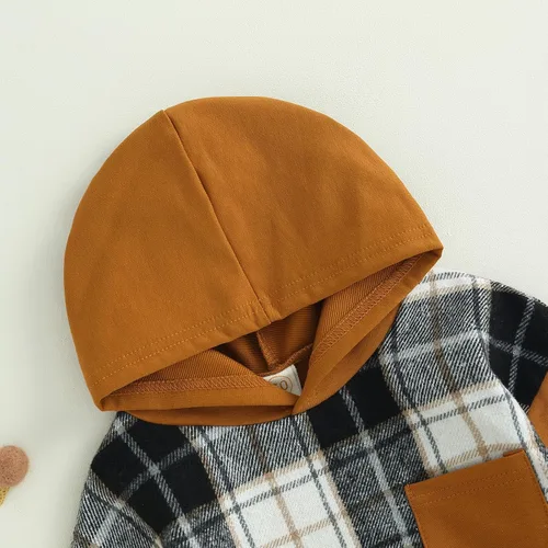 Vista 3 de Twopumpkin Sudadera con capucha a cuadros para bebé niño, mameluco de manga larga con capucha para otoño e invierno