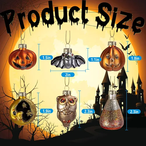 Vista 2 de Deloky 6 adornos colgantes de vidrio soplado de Halloween, decoración de Halloween, decoración de árbol de vidrio, adornos de Halloween, murciélago