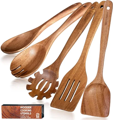 Vista 14 de Cucharas de madera para cocinar, juego de utensilios de cocina de madera, juego de 10 piezas de utensilios de cocina de madera con cucharas