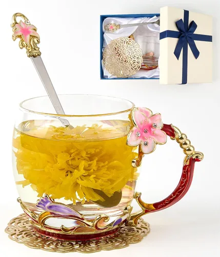 Vista 18 de Taza de té con flores, taza de café de vidrio con mariposa y margarita, con cuchara, caja de regalo para su mamá, esposa, abuela, niñas, amigas