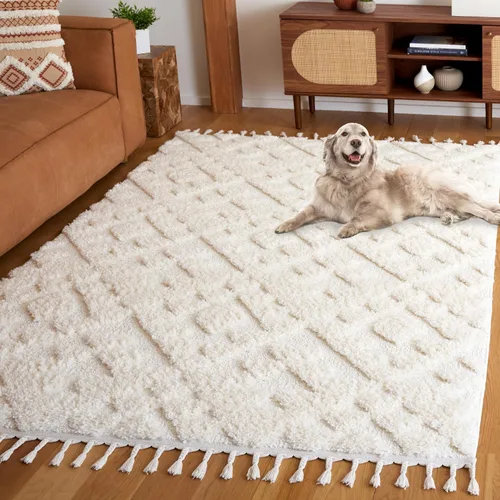 Vista 81 de SAFAVIEH Alfombra marroquí con borlas, 2 x 3 pies, marfil y marrón, no desprende pelusa y fácil de limpiar, textura alta y baja, ideal