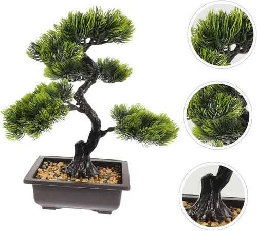 Vista 8 de Árbol de pino bonsái artificial, planta falsa en maceta, adornos para escritorio, estante de oficina en casa, decoración zen, cedro japonés