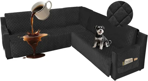 Vista 11 de Fundas impermeables para sofá seccional de esquina en forma de L, de terciopelo, juego de 6 piezas, funda en forma de U para sofá, para perros