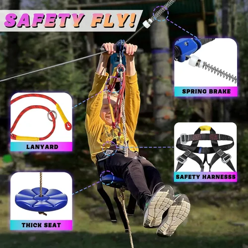 Vista 3 de CTSC Tirolesa para niños y adultos, kits de tirolesa para patio trasero con freno de resorte de acero inoxidable, kit de tensión de cables, arnés