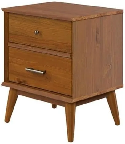 Vista 6 de Mesita de noche Mid-Century con dos cajones, fabricada con madera maciza, acabado castañón Castañho