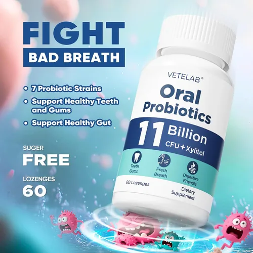 Vista 2 de Probióticos orales para el mal aliento bucal, 11 mil millones de UFC probióticos masticables para dientes y encías, boca seca, restauración