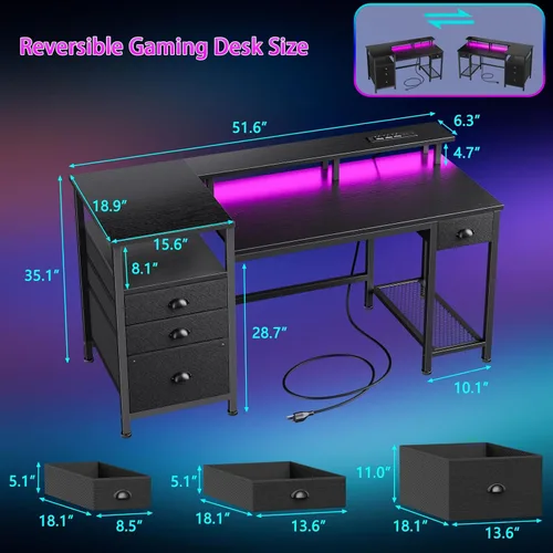 Vista 2 de Furologee Escritorio para juegos de 52 pulgadas con luces LED y tomas de corriente, escritorio reversible para computadora con 4 cajones, archivador