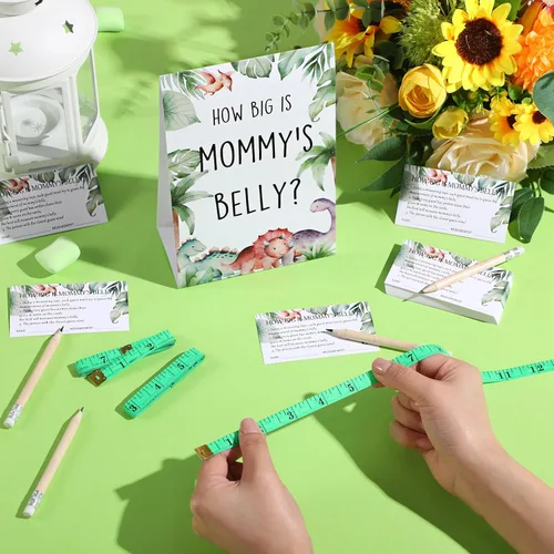 Vista 110 de Sabary 64 Piezas Juegos de Baby Shower Incluyen Letrero How Big is Mommy's Belly Sign Measure Bump Game 50 Tarjetas 10 Lápices 3 Cintas Métricas