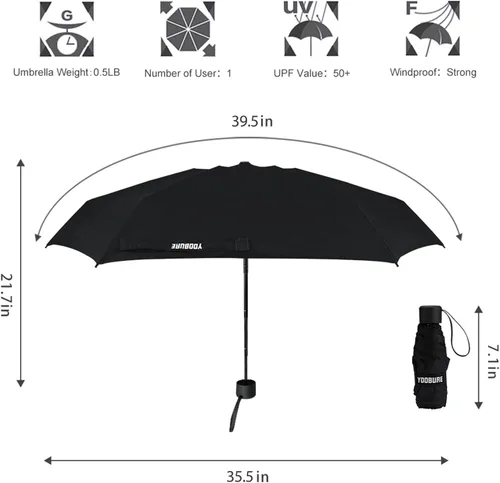 Vista 2 de Yoobure Mini paraguas pequeño con estuche ligero diseño compacto perfecto para viajes, ligero y portátil, sombrilla para sol y lluvia al aire libre