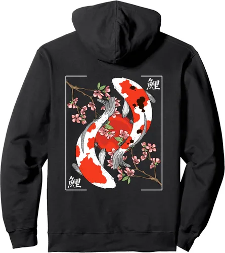 Vista 2 de Sudadera con capucha japonesa Koi Carp Fish Nishikigoi estética de flor de cerezo, Negro, S
