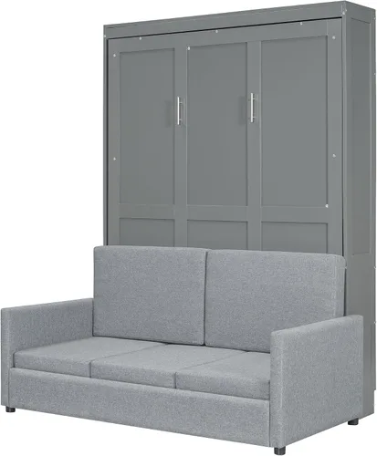 Vista 4 de Cama Murphy de tamaño completo, cama Murphy de madera con cojín, cama de pared con sofá para oficina en casa o habitación pequeña, gris