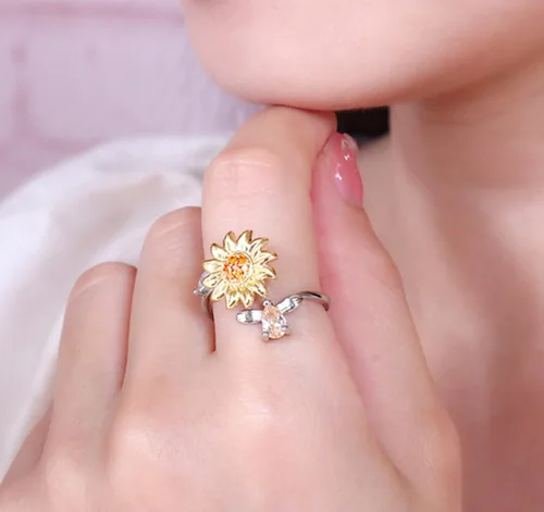 Vista 4 de Anillos giratorios de girasol ajustables con circonita cúbica abierta para mujer