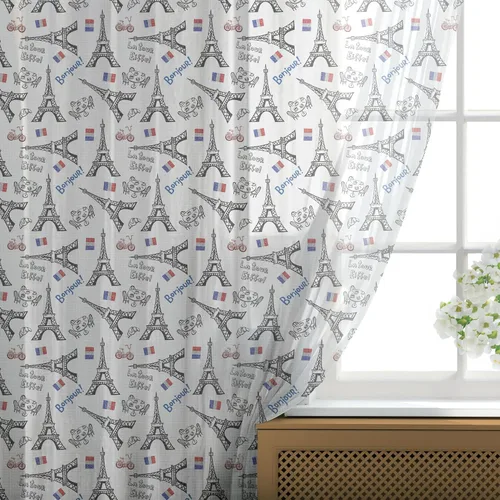 Vista 26 de Ambesonne Cortinas de tul Eiffel con bolsillo para barra, globos retro de corazón de café, remolinos de hito francés, cortina transparente