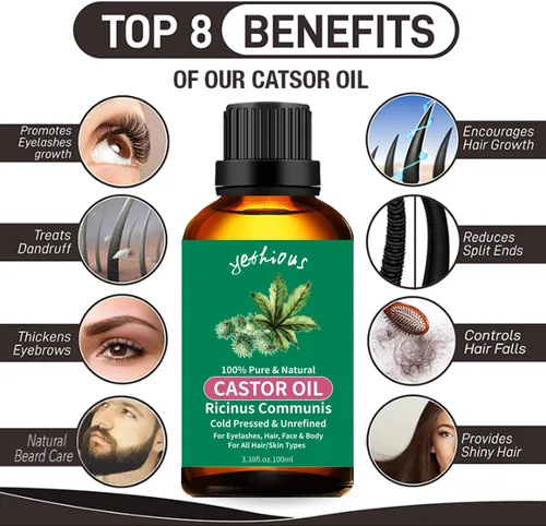 Vista 3 de yethious Aceite de ricino orgánico prensado en frío sin refinar crecimiento para pestañas, cejas, cabello. Kit de inicio de hidratación para la piel