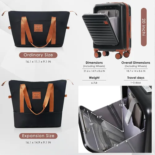 Vista 4 de Merax Juego de equipaje rígido ABS expandible de 3 piezas con rueda giratoria Maleta TSA Lock Suit Case, Negro -, Juego de 2 piezas, Equipaje